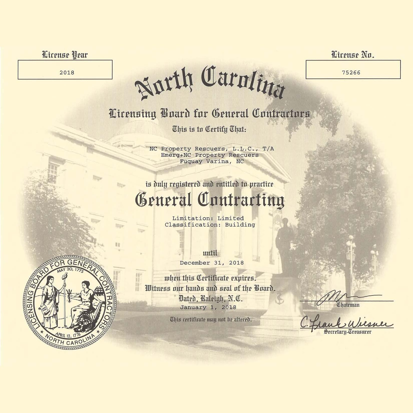 2018 NC LICENSING BOARD FOR GC EMERG+NC Property Rescuers®