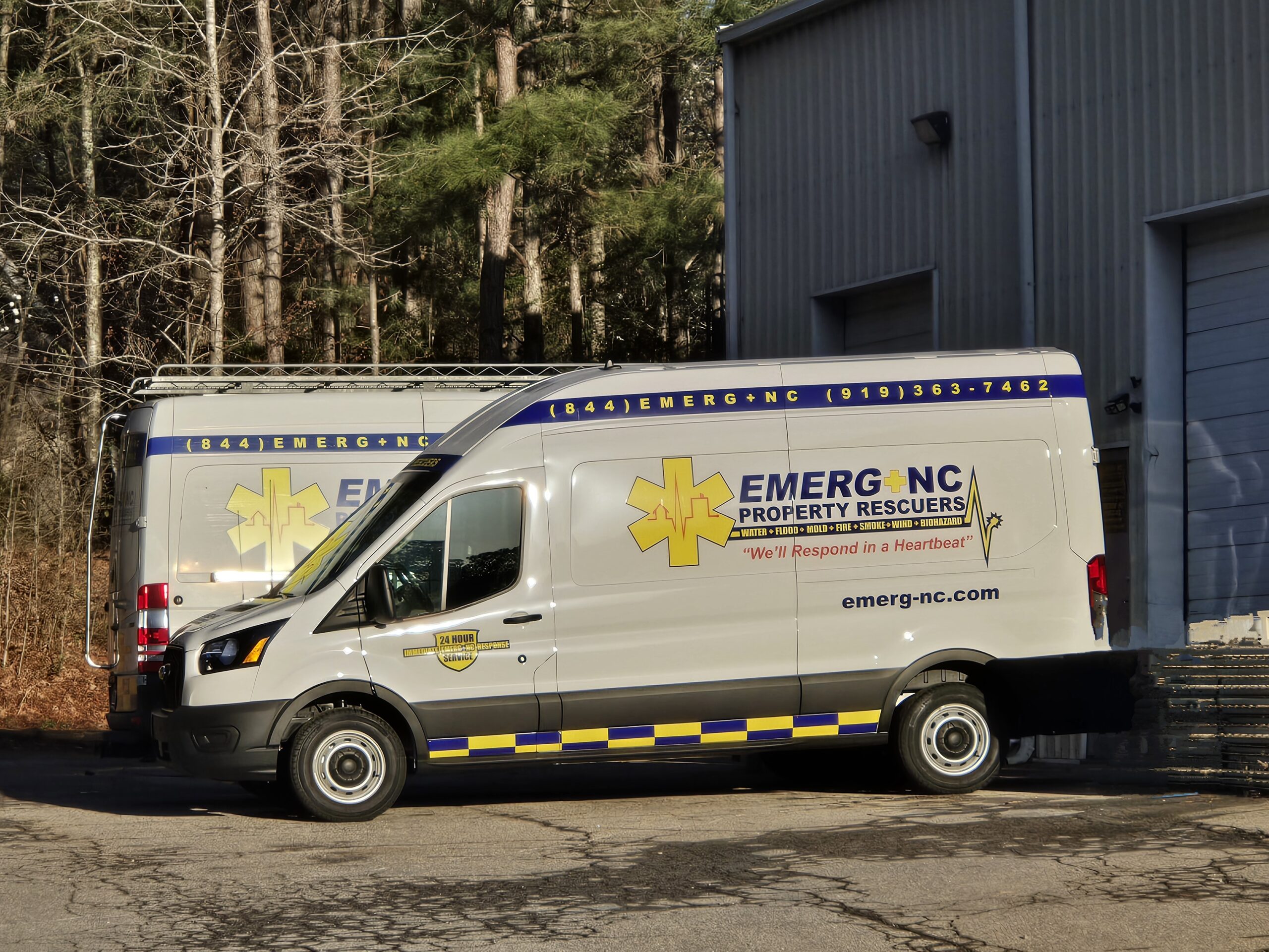 Emergency home repair team assessing water damage in a residential home, using advanced drying equipment to restore the property after a major leak.