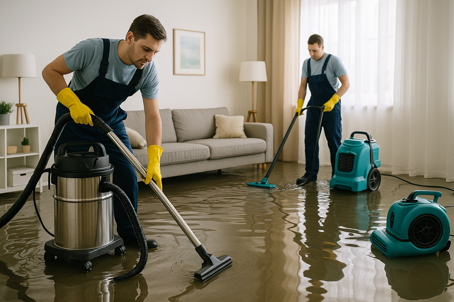 Emergency water damage cleanup team extracting water from flooded home