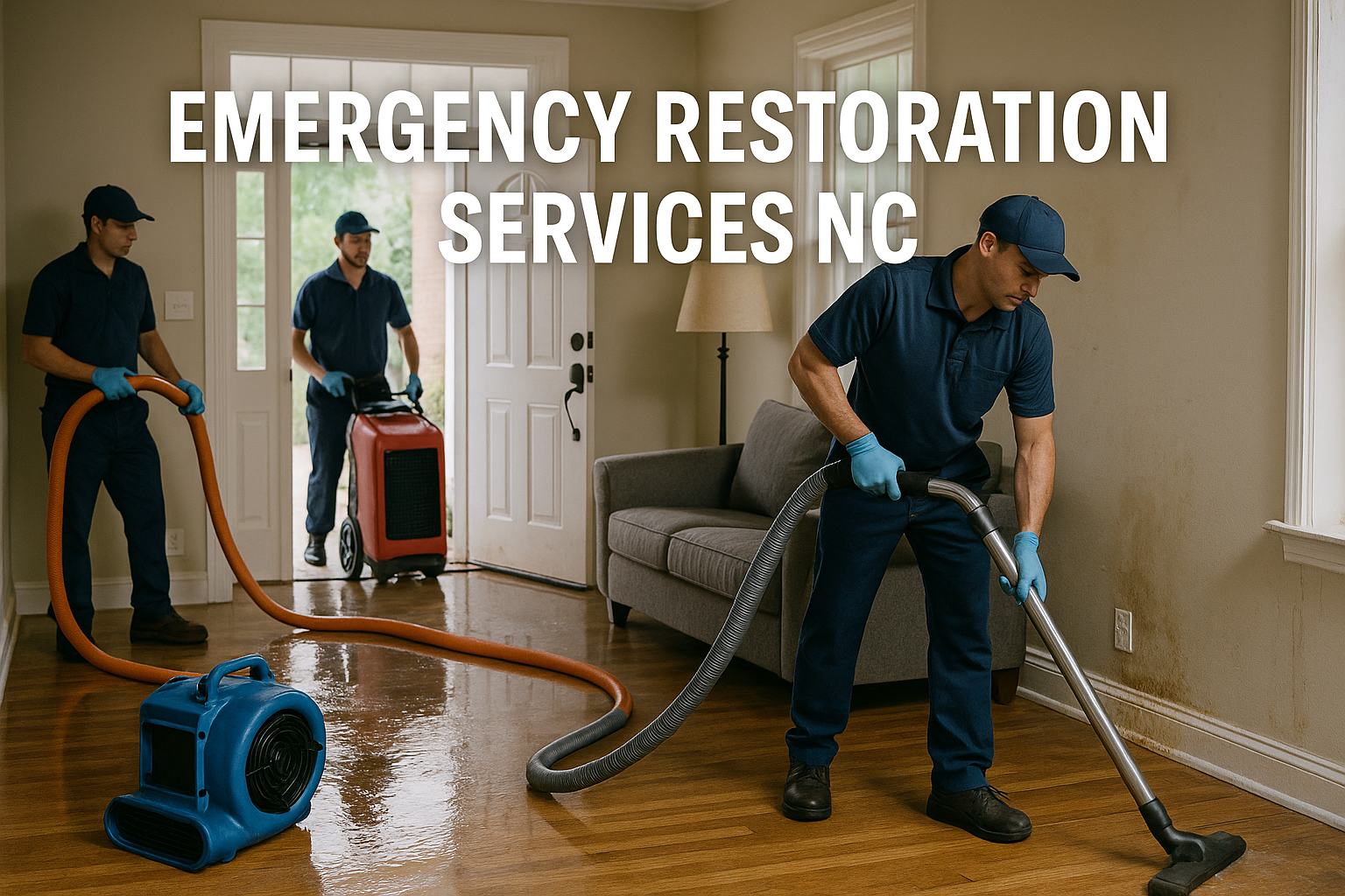 Emergency restoration crew cleaning up water damage in a North Carolina home