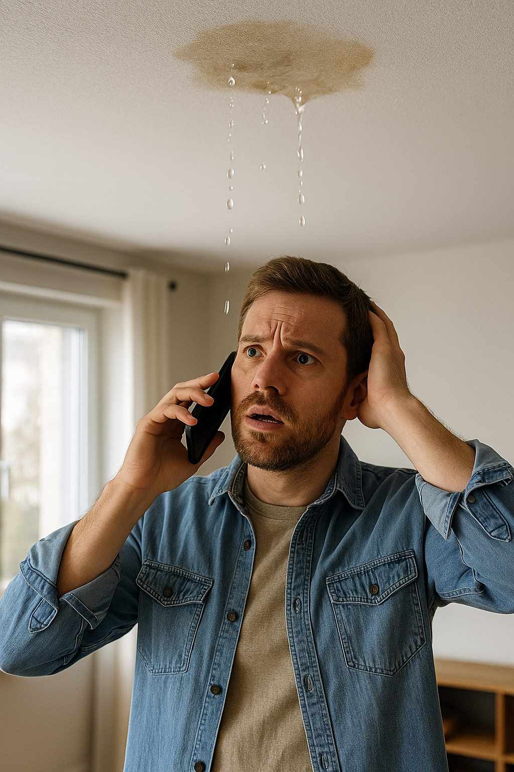 Concerned homeowner calling for water damage help as ceiling leaks
