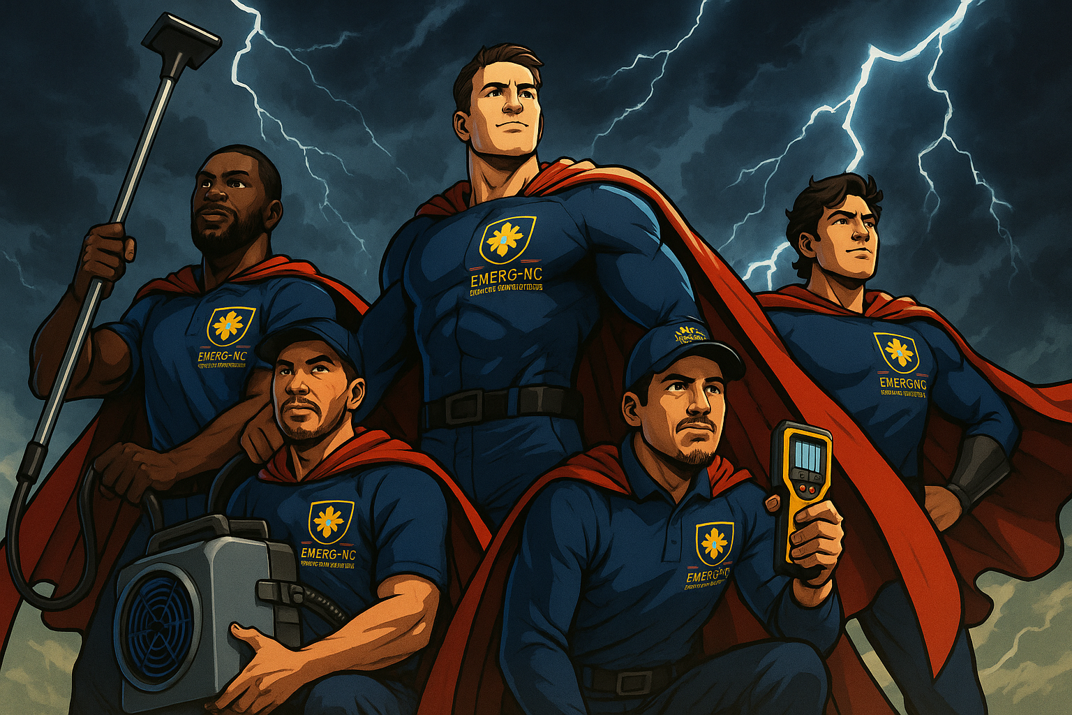 EMERG+NC restoration team styled as superheroes with equipment in storm backdrop
