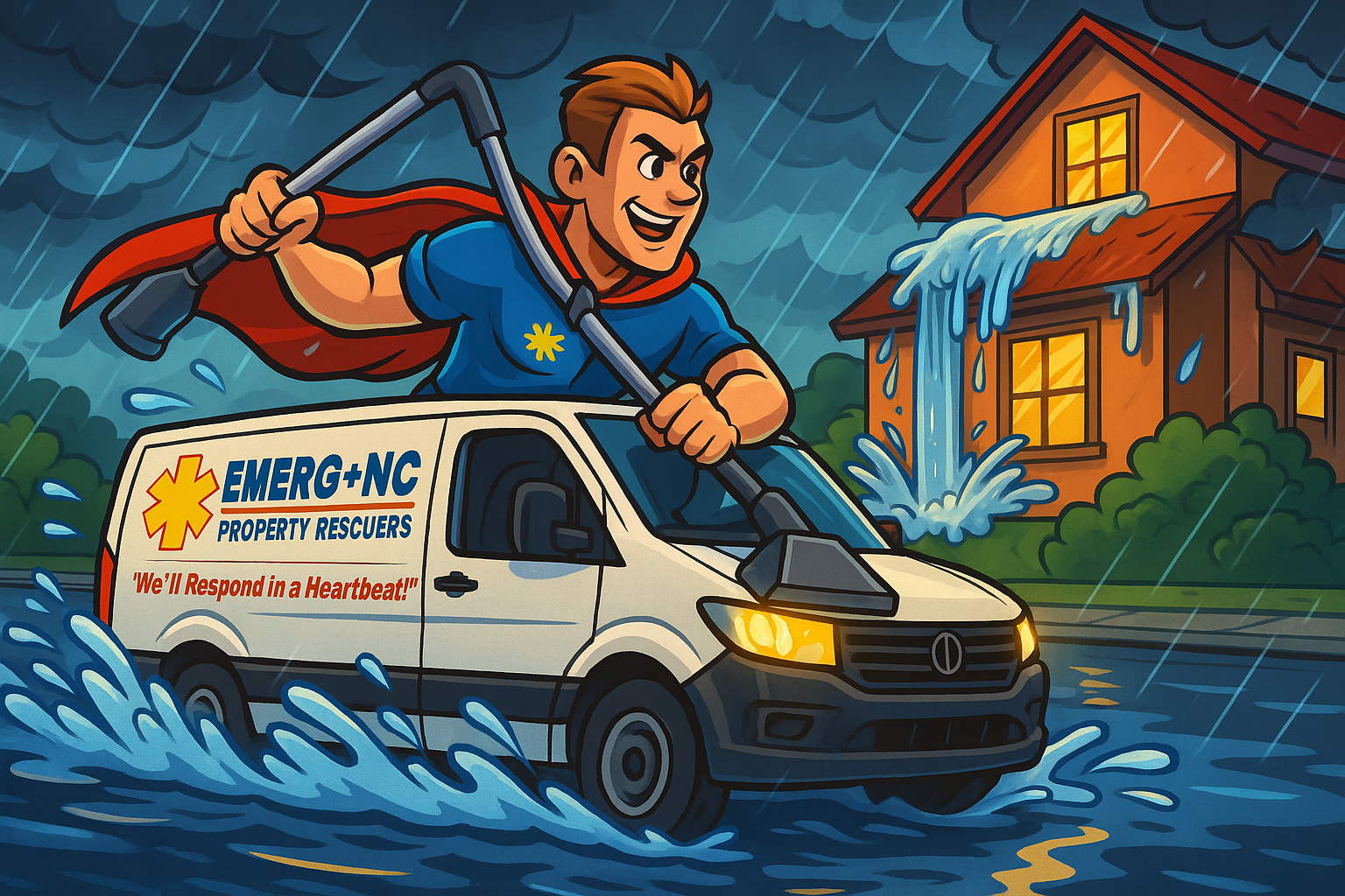 Cartoon restoration technician speeding in van to an emergency water damage site