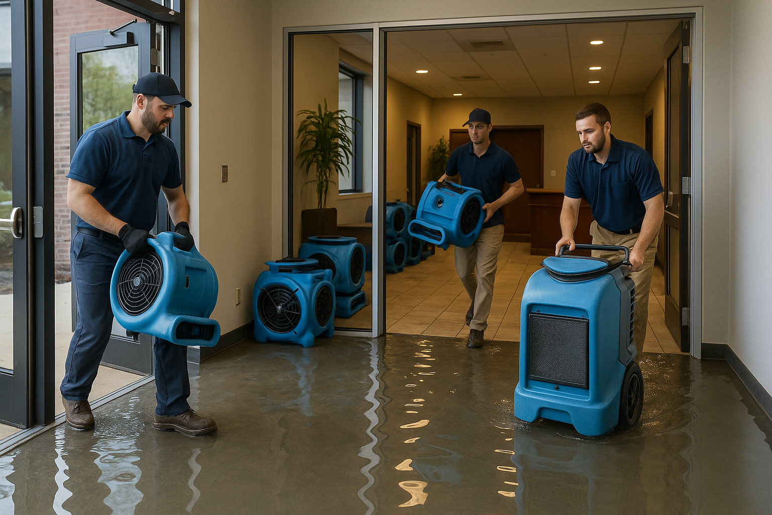 EMERG-NC technicians loading restoration equipment into a flooded commercial building