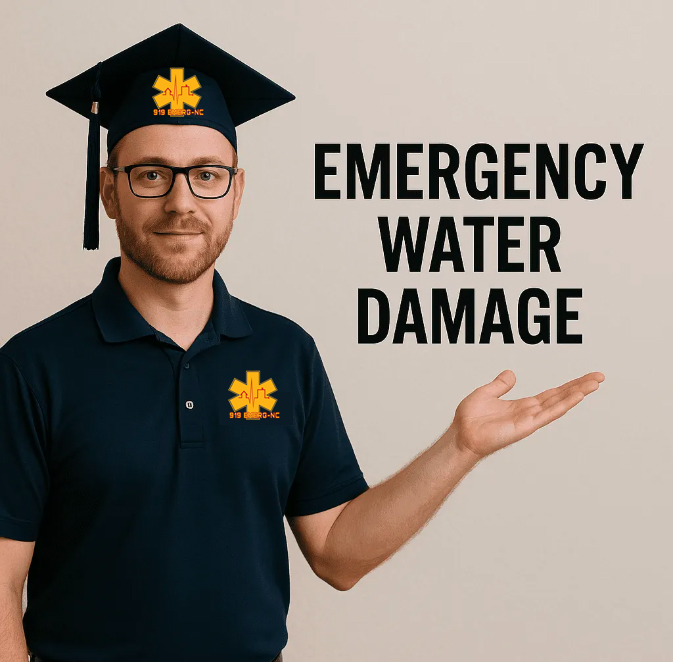 EMERG+NC professional in graduation cap pointing at emergency water damage sign