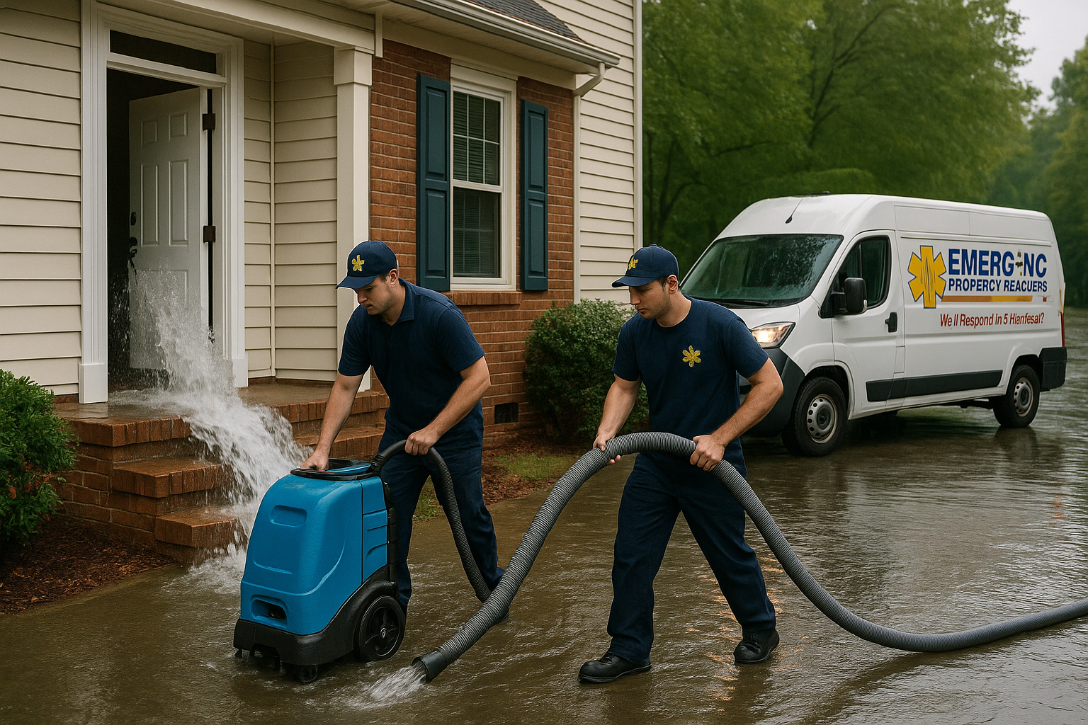 EMERG+NC crew removing water from flooded home while van is parked in background
