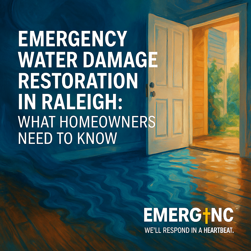 Artistic rendering of water flooding a Raleigh home interior with open door and EMERG+NC branding