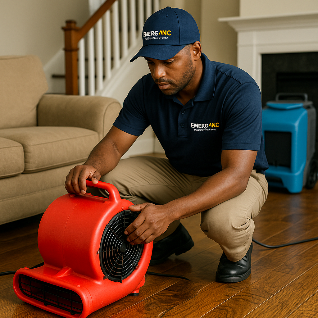 EMERG+NC technician using drying equipment in a residential Raleigh living room