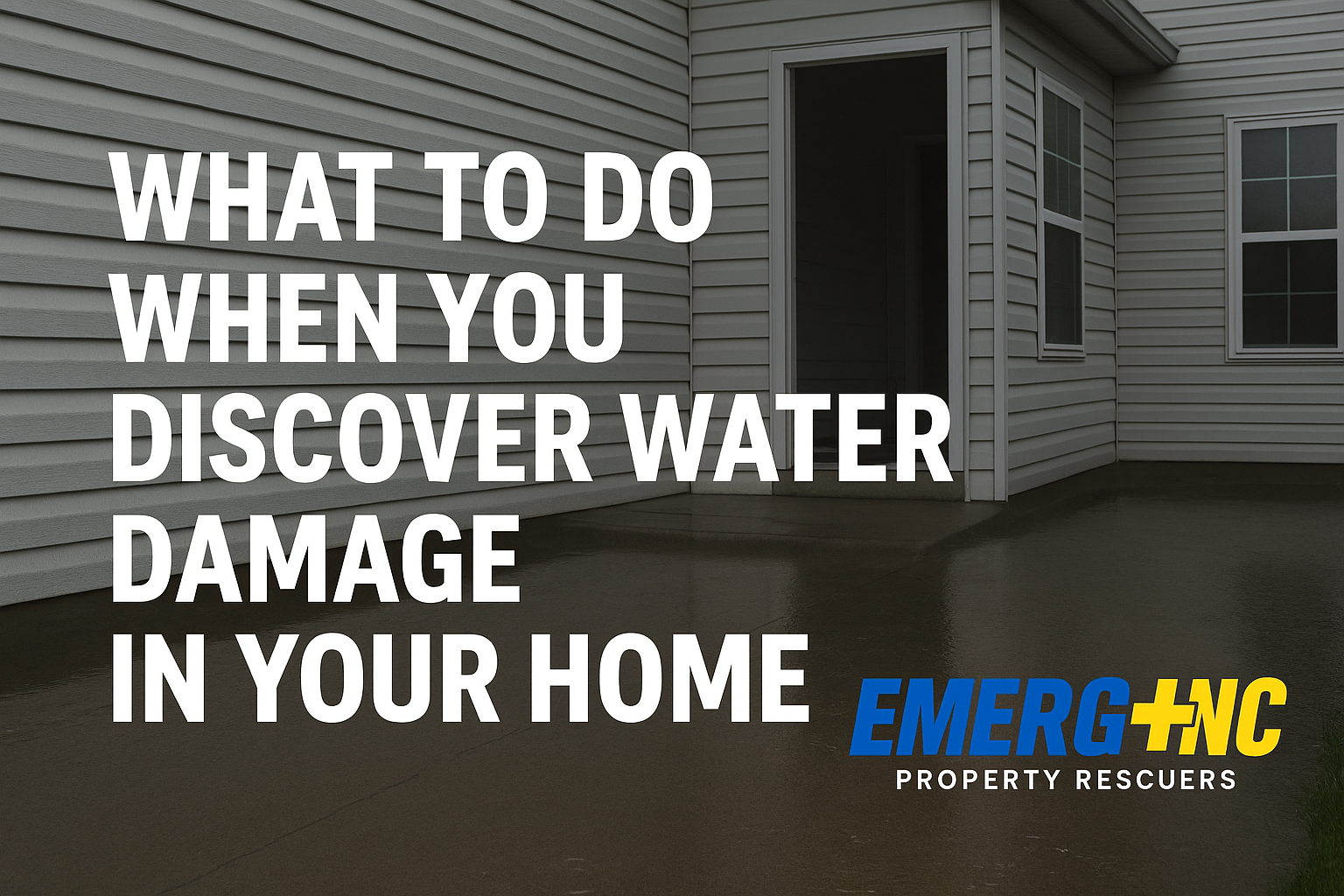 Water damage near a home’s foundation with EMERG+NC logo and tips about water emergencies