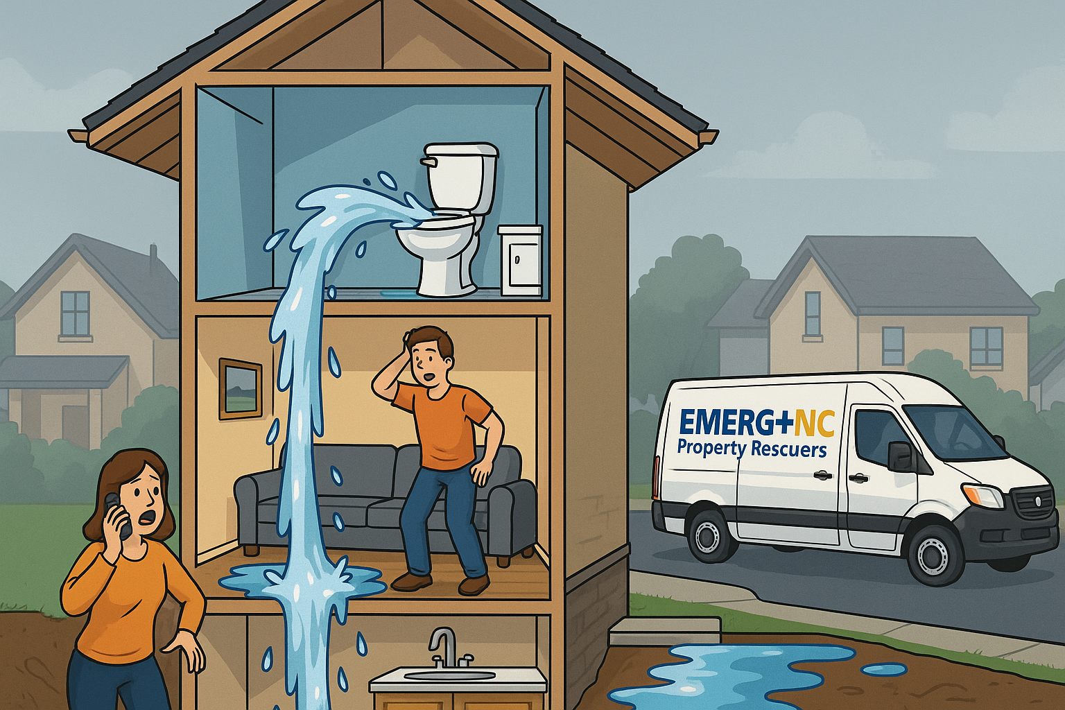 Cross-section illustration of a three-story house with a 3rd-floor toilet overflowing, water cascading through all floors, homeowners calling EMERG+NC Property Rescuers, branded service van outside