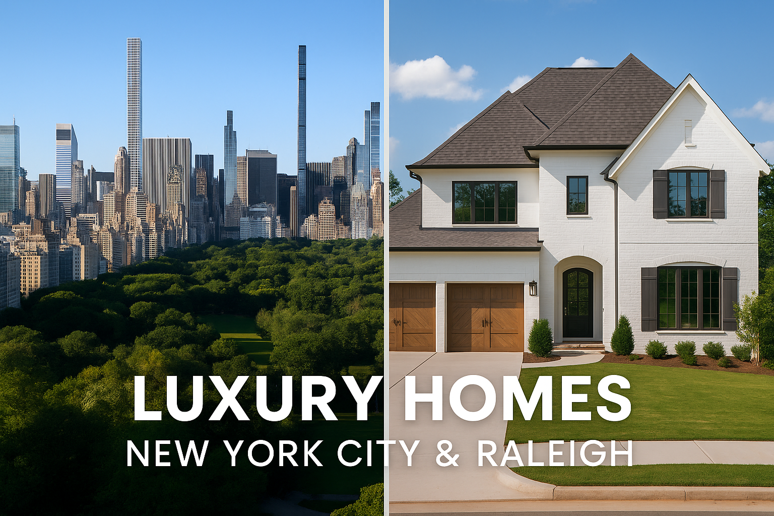 A split image showing the New York City skyline and a luxury home in Raleigh North Carolina