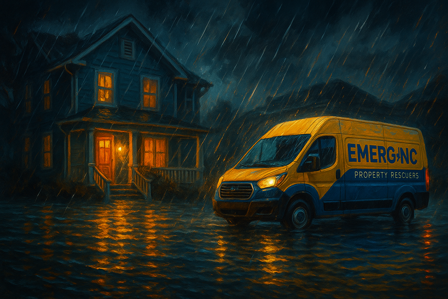 EMERG+NC van arriving for emergency water removal during a heavy rainstorm