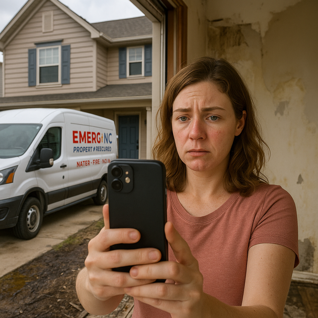 Concerned Raleigh homeowner takes selfie inside mold-damaged home while EMERG+NC restoration truck is parked outside