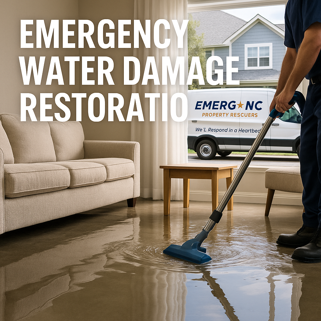 Emergency water damage restoration team responding to flooded Raleigh home with EMERG+NC van
