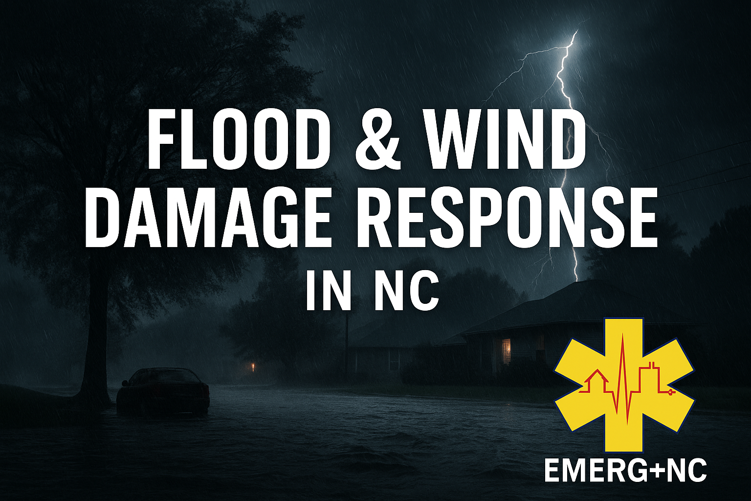 Flooded North Carolina neighborhood during a storm with lightning in the background, EMERG+NC logo in corner, and bold text “Flood & Wind Damage Response in NC.”
