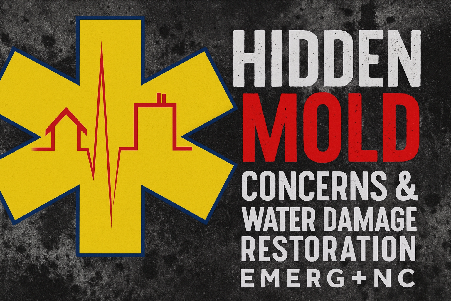 EMERG+NC star of life logo with heartbeat line on a dark, mold-textured background with bold text “Hidden Mold Concerns & Water Damage Restoration.”