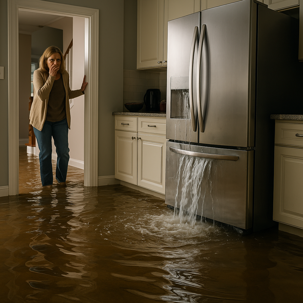Refrigerator leaking water and flooding a kitchen causing severe water damage