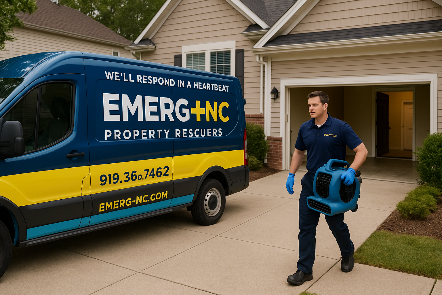 EMERG+NC technician providing water damage restoration services in Raleigh NC