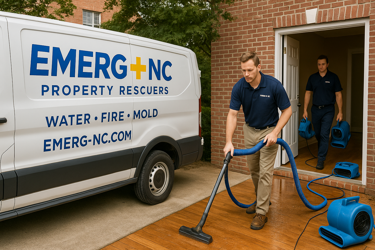 EMERG+NC restoration crew performing emergency flood repair in a flooded Raleigh home