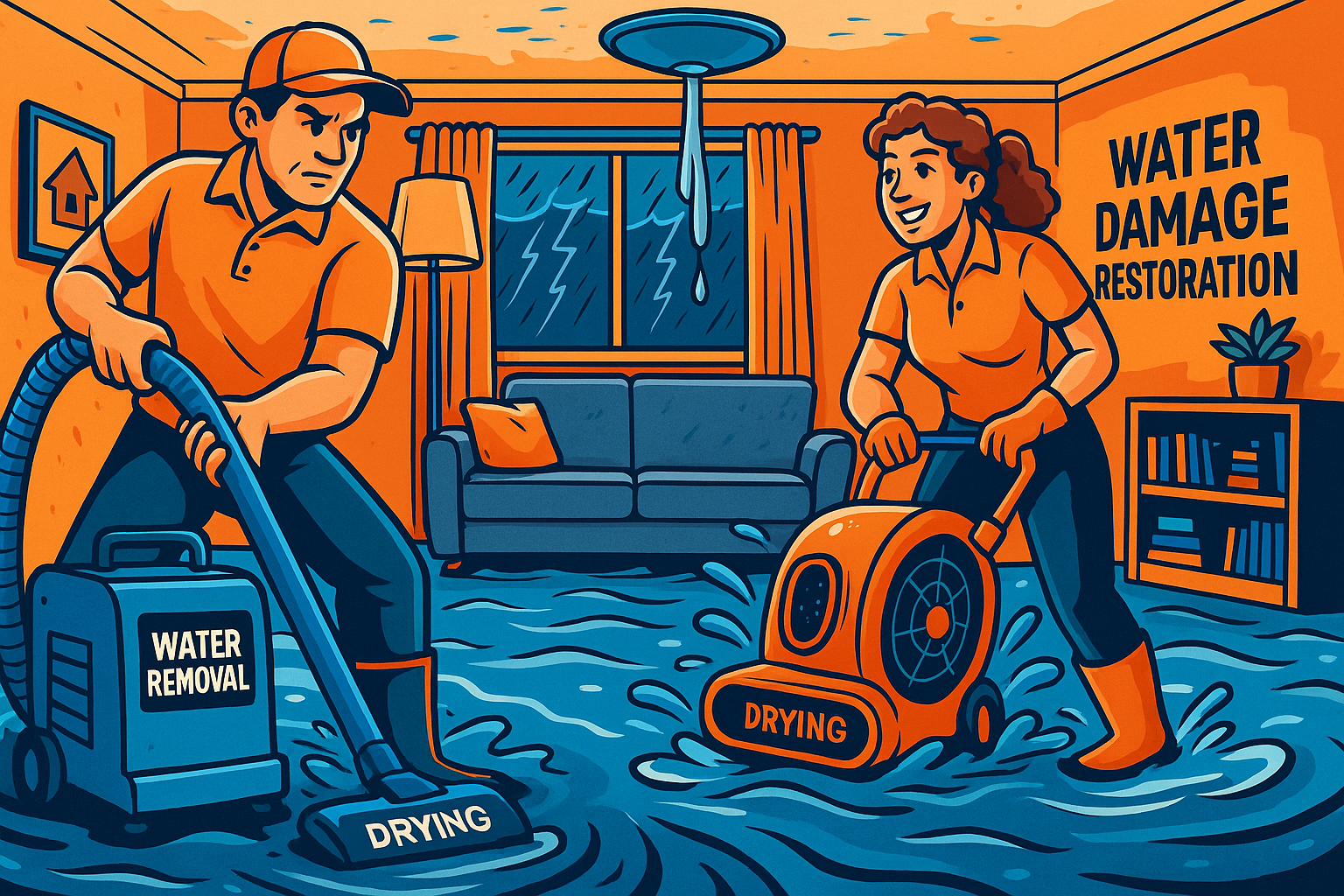 EMERG+NC Property Rescuers technician performing emergency water extraction inside a flooded Raleigh home at night, with reflection of blue emergency van lights outside.