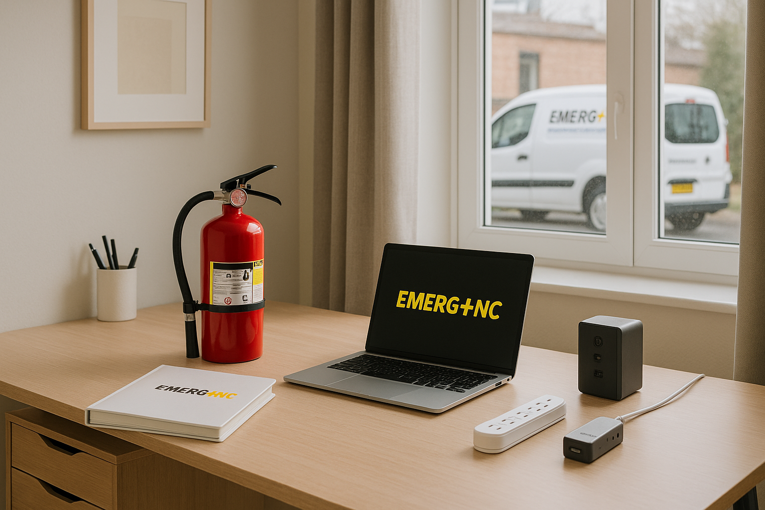 Modern home office protected from water, fire, and electrical damage with EMERG+NC van visible outside window