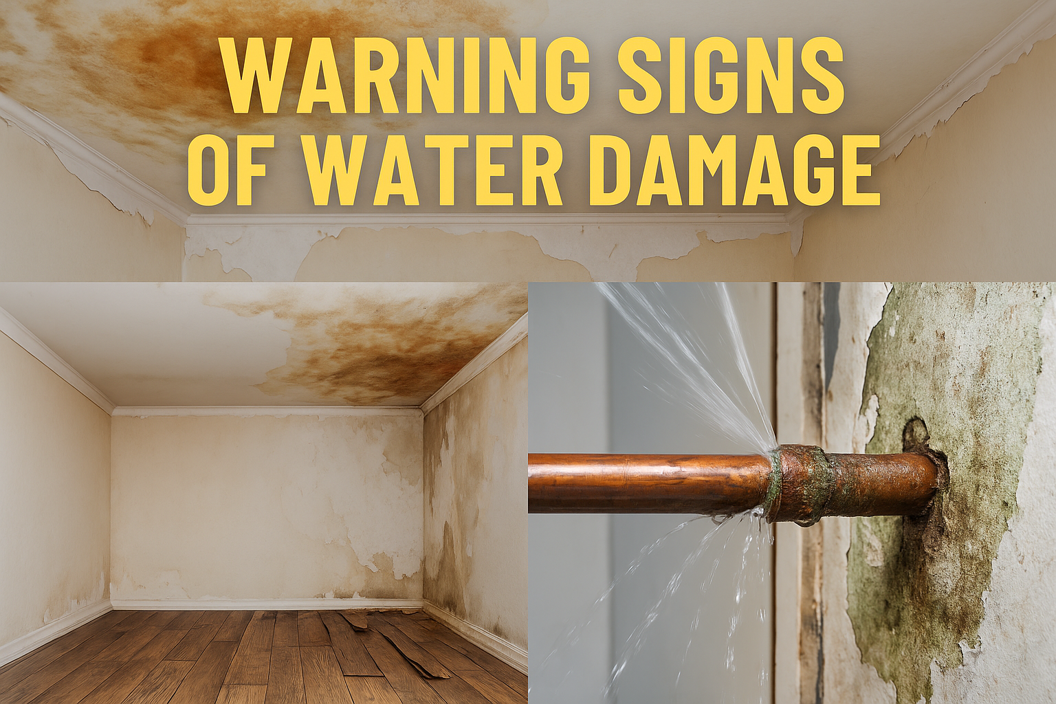 Warning signs of water damage in a Raleigh home including ceiling stains, peeling paint, and leaking pipe.