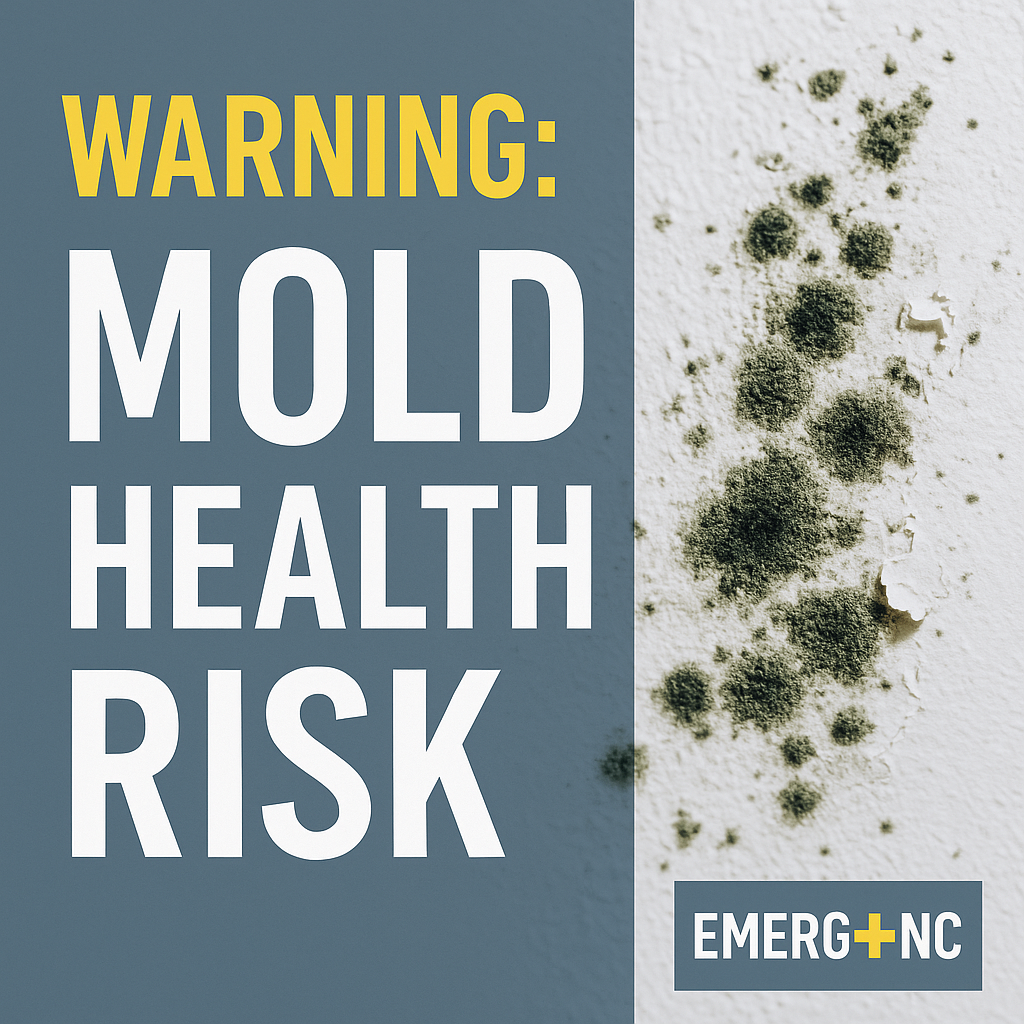 EMERG+NC branded emergency response graphic showing mold contamination risk after flooding and extreme weather in North Carolina.