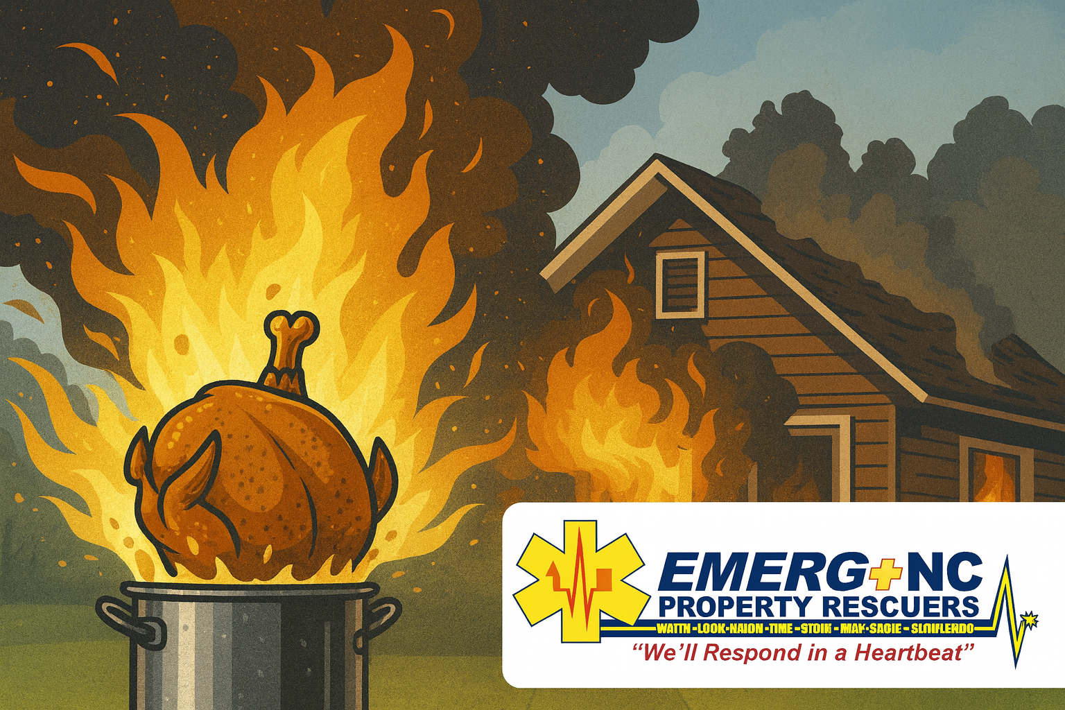 Turkey fryer explosion causing a house fire with EMERG+NC Property Rescuers branded logo