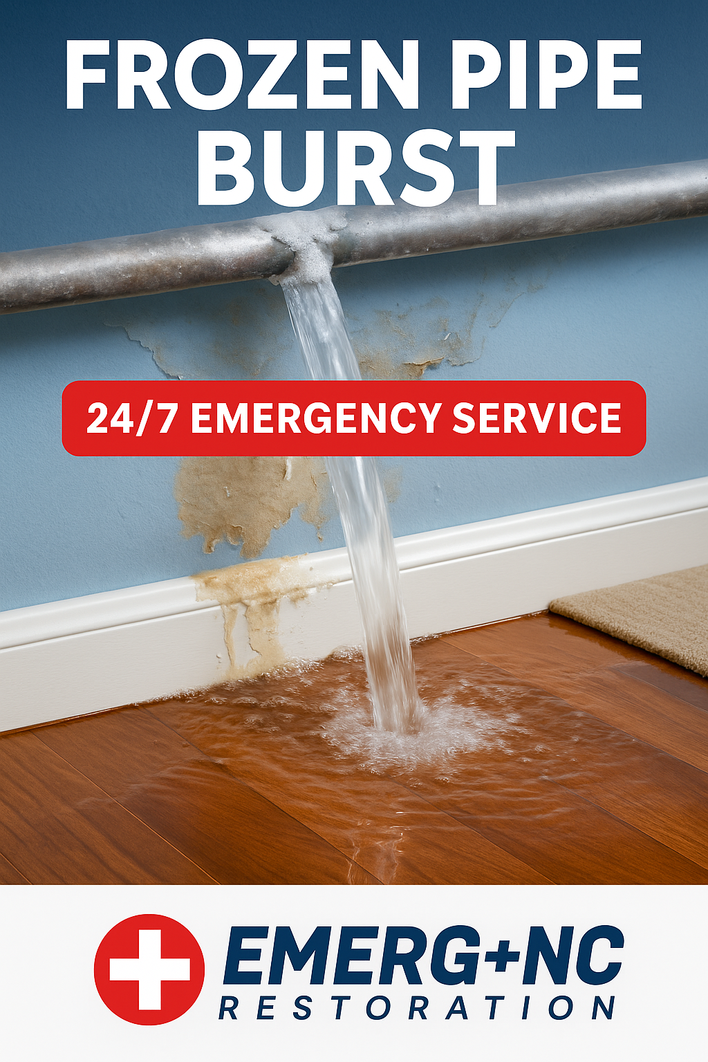 Burst frozen pipe spraying water inside a home causing flooding, with EMERG+NC Restoration 24/7 emergency service banner.