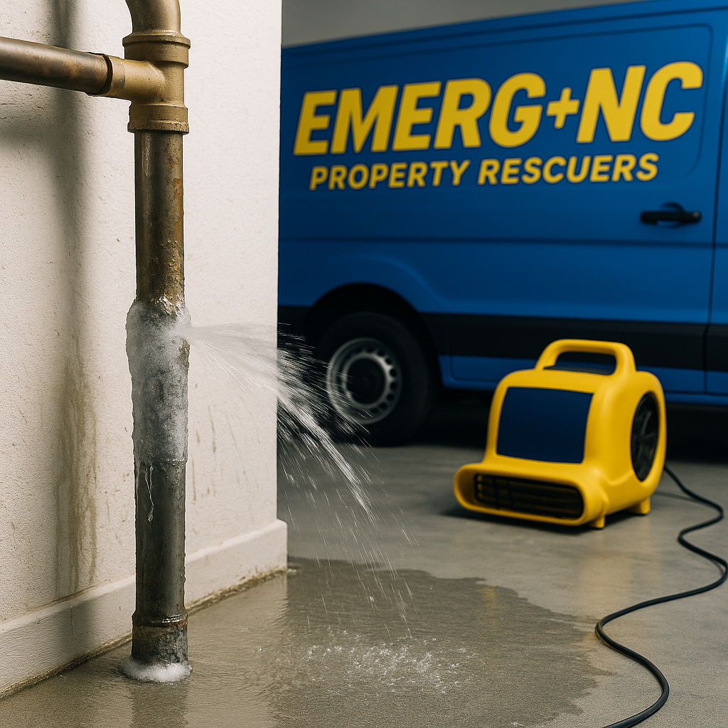 Emergency water damage response after a frozen pipe burst in a Raleigh NC home by EMERG+NC