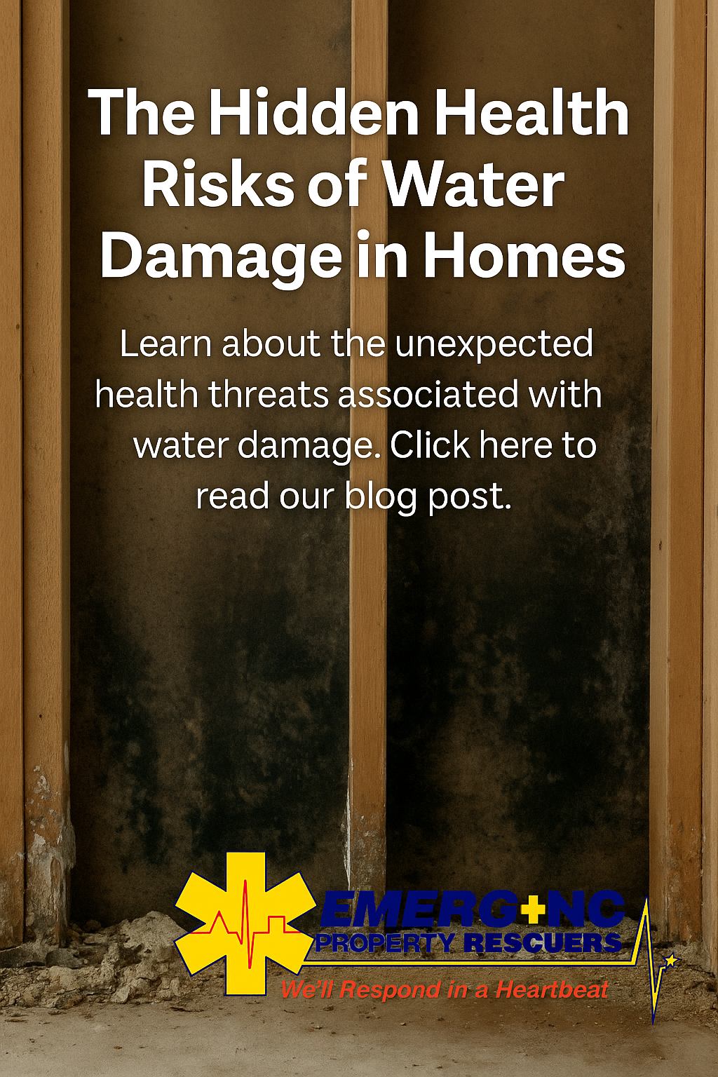 Interior wall cavity with visible mold growth behind removed drywall illustrating the health risks of water damage, featuring the EMERG+NC Property Rescuers logo