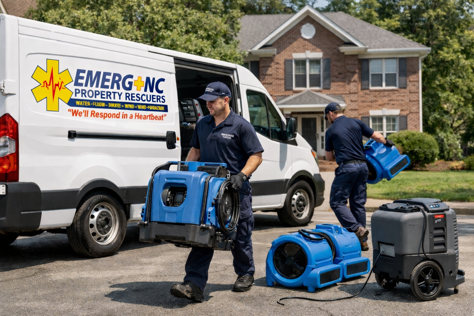 EMERG+NC Property Rescuers responding to residential water damage in Raleigh NC with professional water extraction equipment