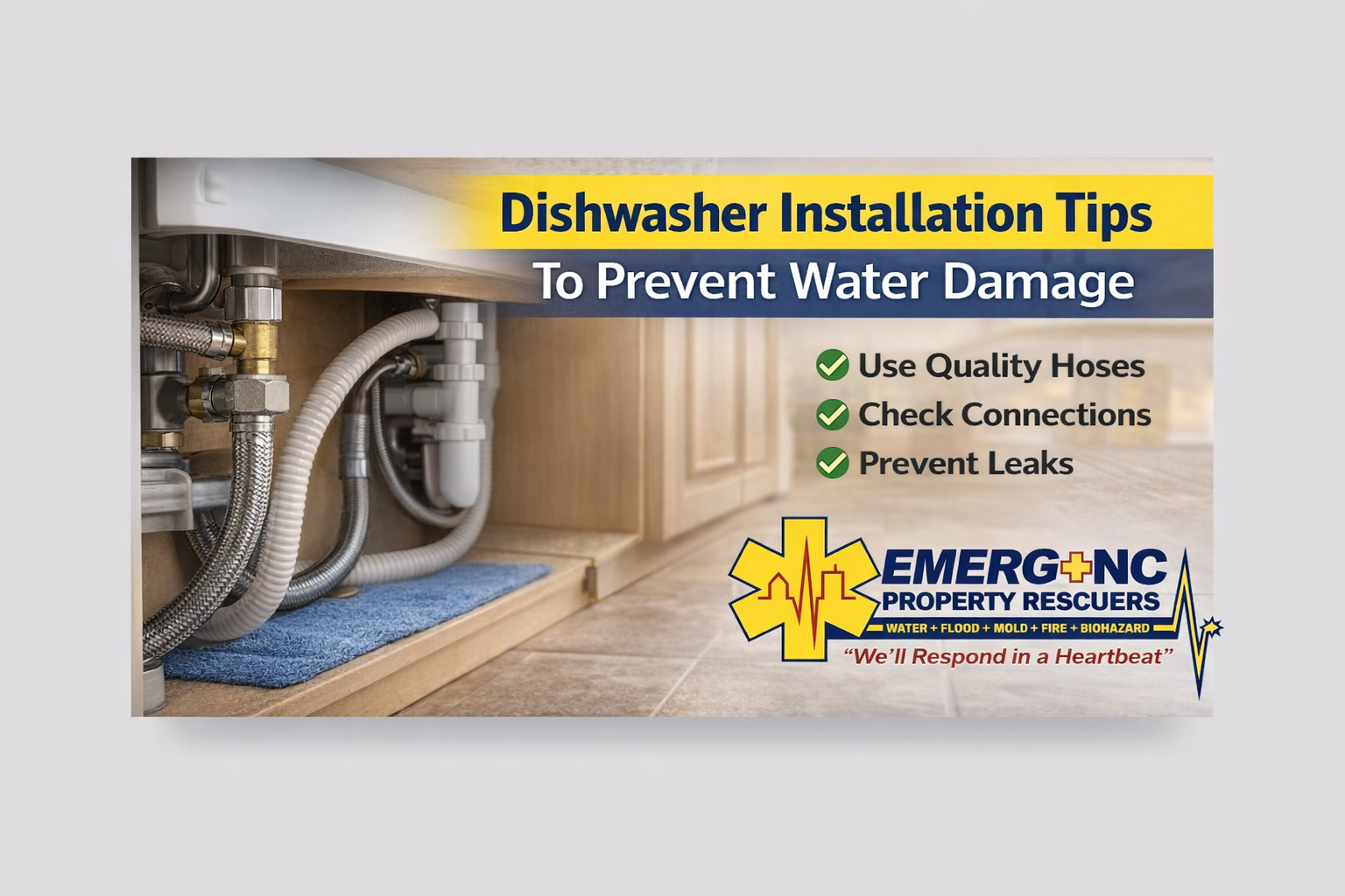 Dishwasher installation showing water supply and drain hose connections to prevent water damage