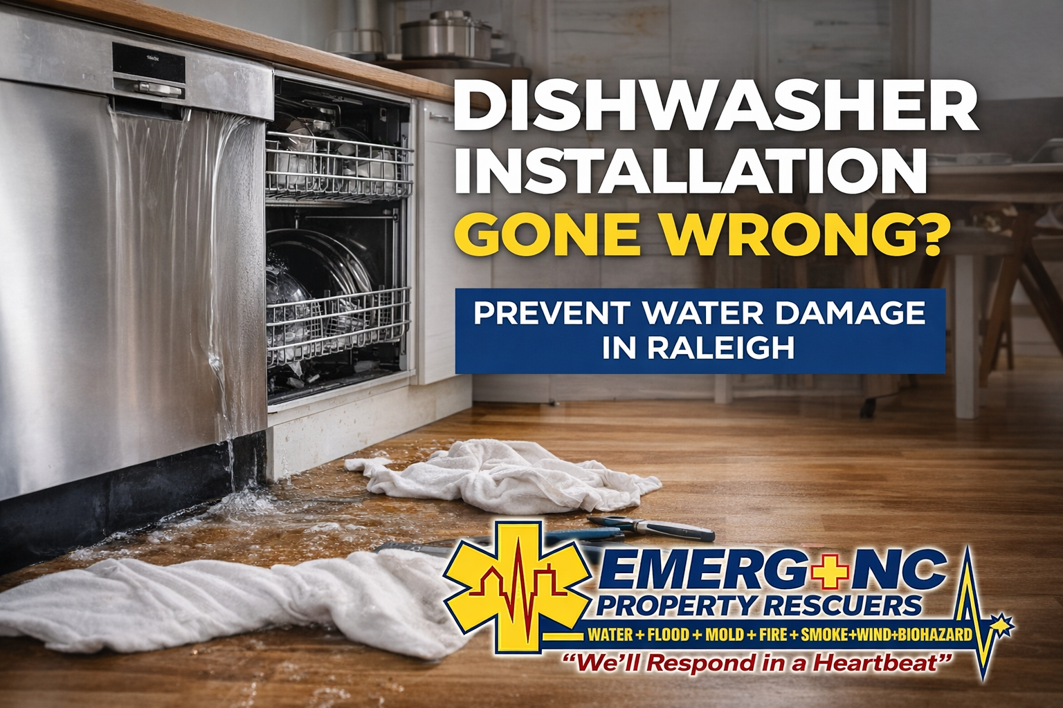 Water leaking from a poorly installed dishwasher causing water damage in a Raleigh kitchen