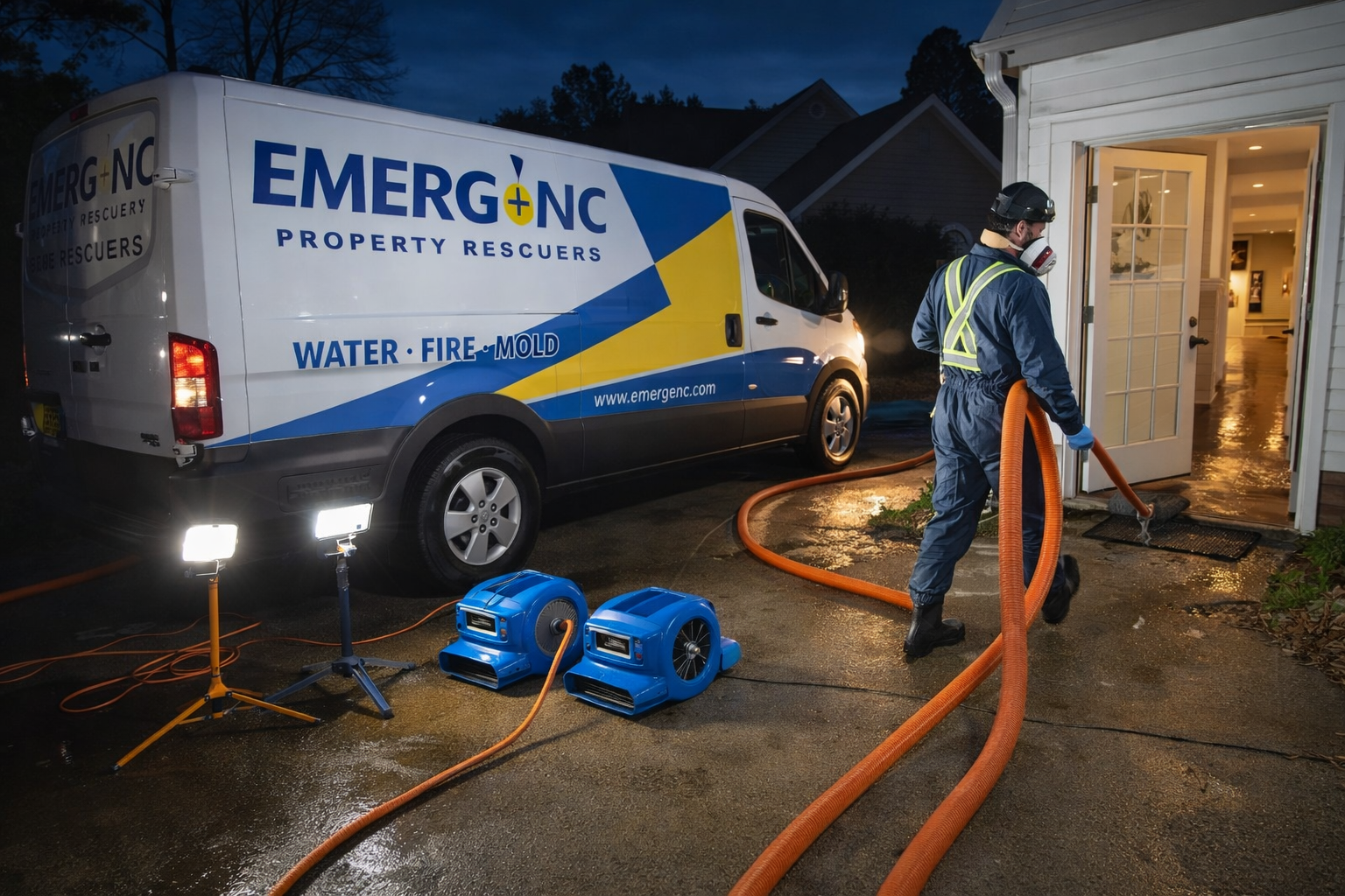 Emergency water damage restoration team responding to a residential water loss in Raleigh, NC