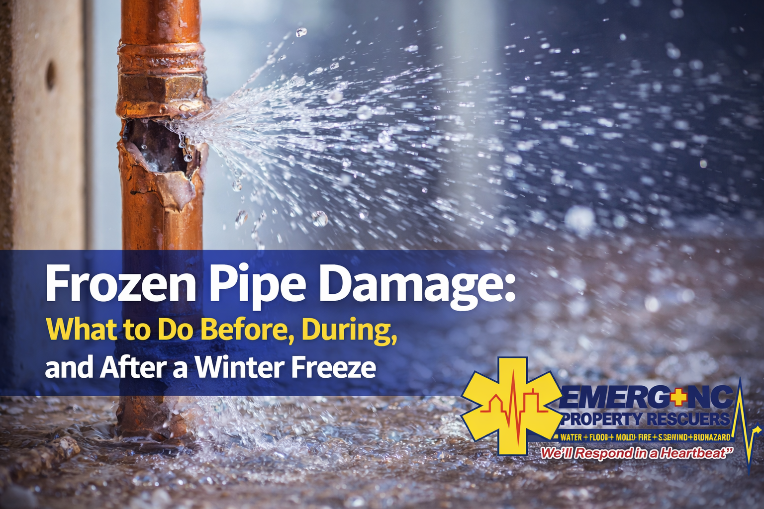 Frozen pipe burst causing water damage inside a North Carolina home during a winter freeze