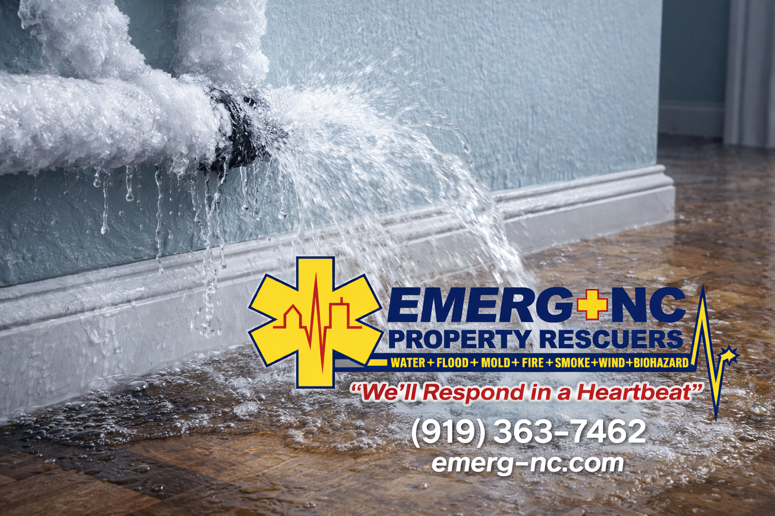 Frozen pipe burst causing water damage inside a North Carolina home with EMERG+NC Property Rescuers providing emergency water damage restoration