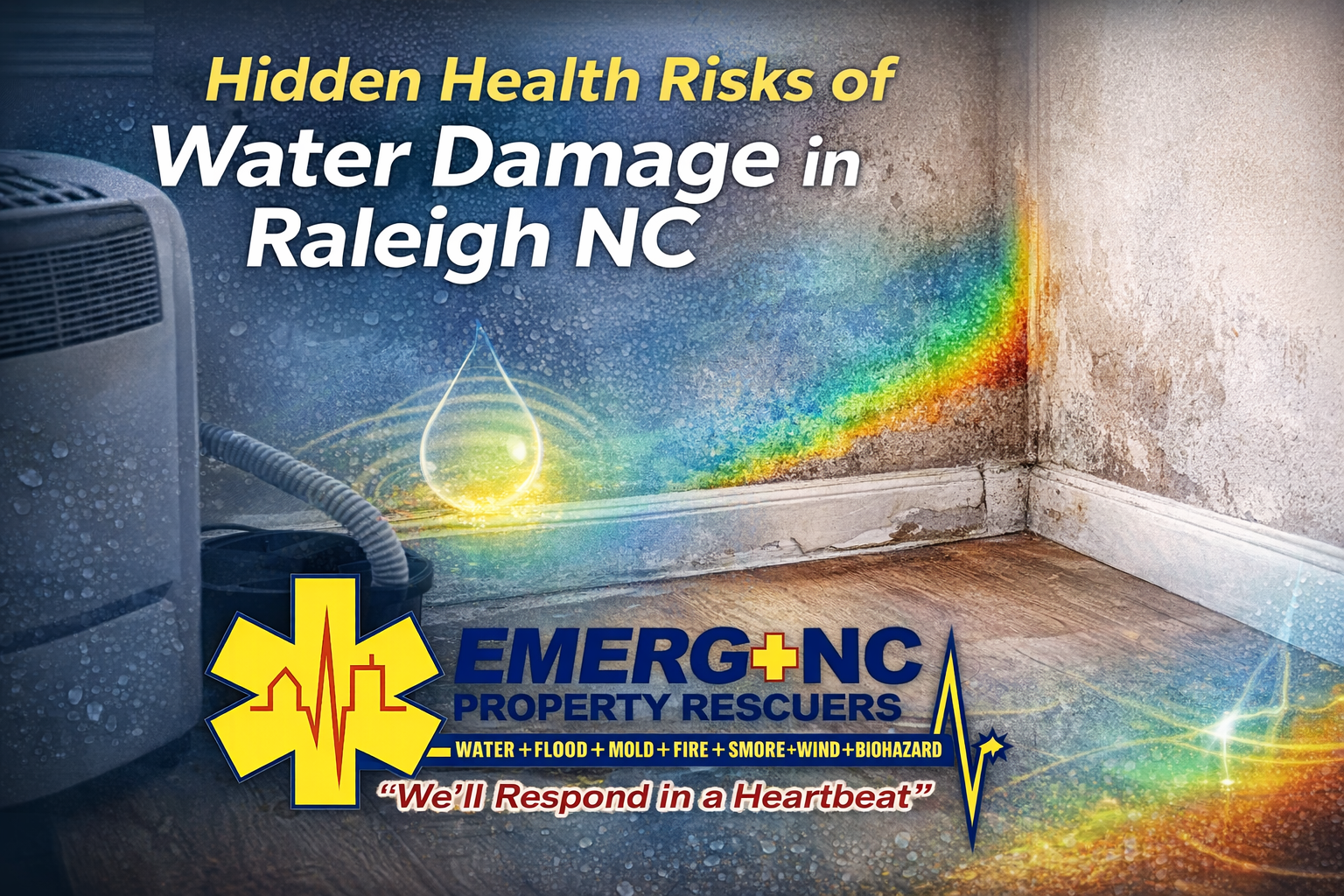 Emergency water damage restoration in Raleigh NC showing indoor moisture and mold health risks handled by EMERG+NC Property Rescuers
