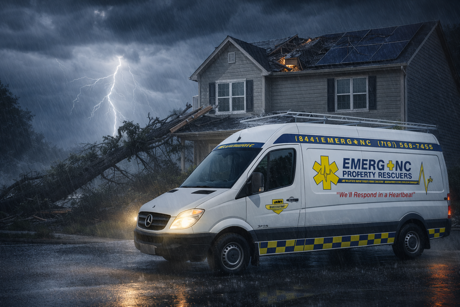 Emergency water damage restoration team responding to storm-damaged home in Raleigh NC during severe weather