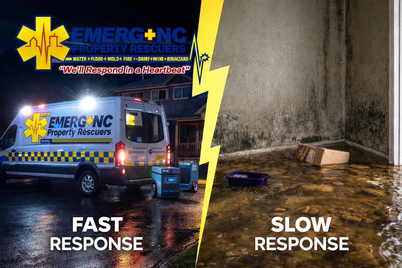 Fast vs slow water damage restoration response in Raleigh NC showing emergency mitigation by EMERG+NC versus delayed damage with standing water and mold