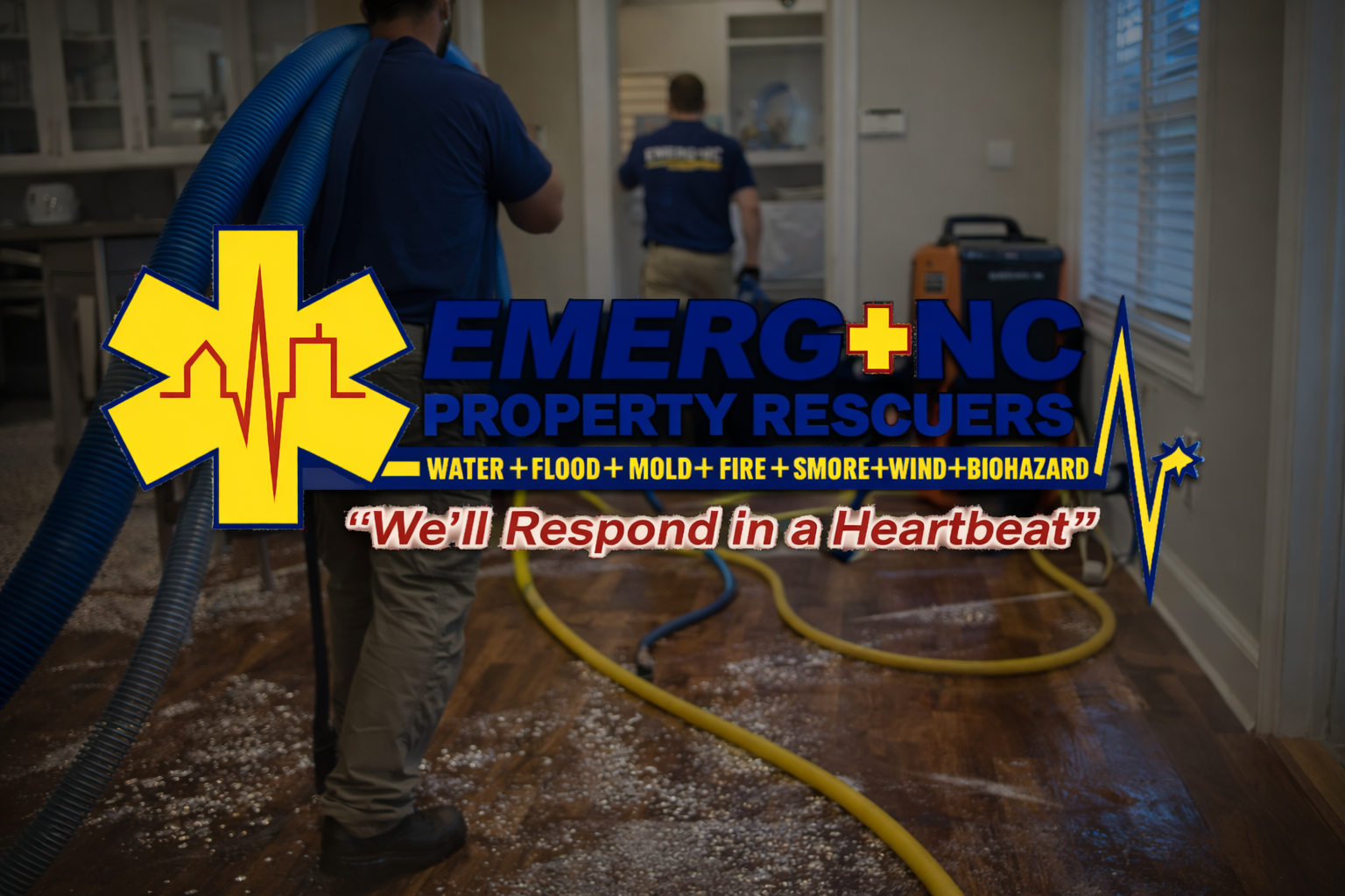 EMERG+NC emergency water damage restoration team performing water extraction in Raleigh NC