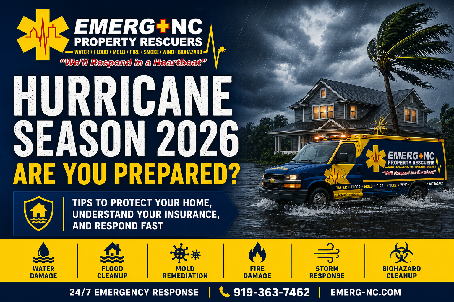 EMERG+NC Property Rescuers hurricane season 2026 storm and flood damage preparedness in Raleigh NC