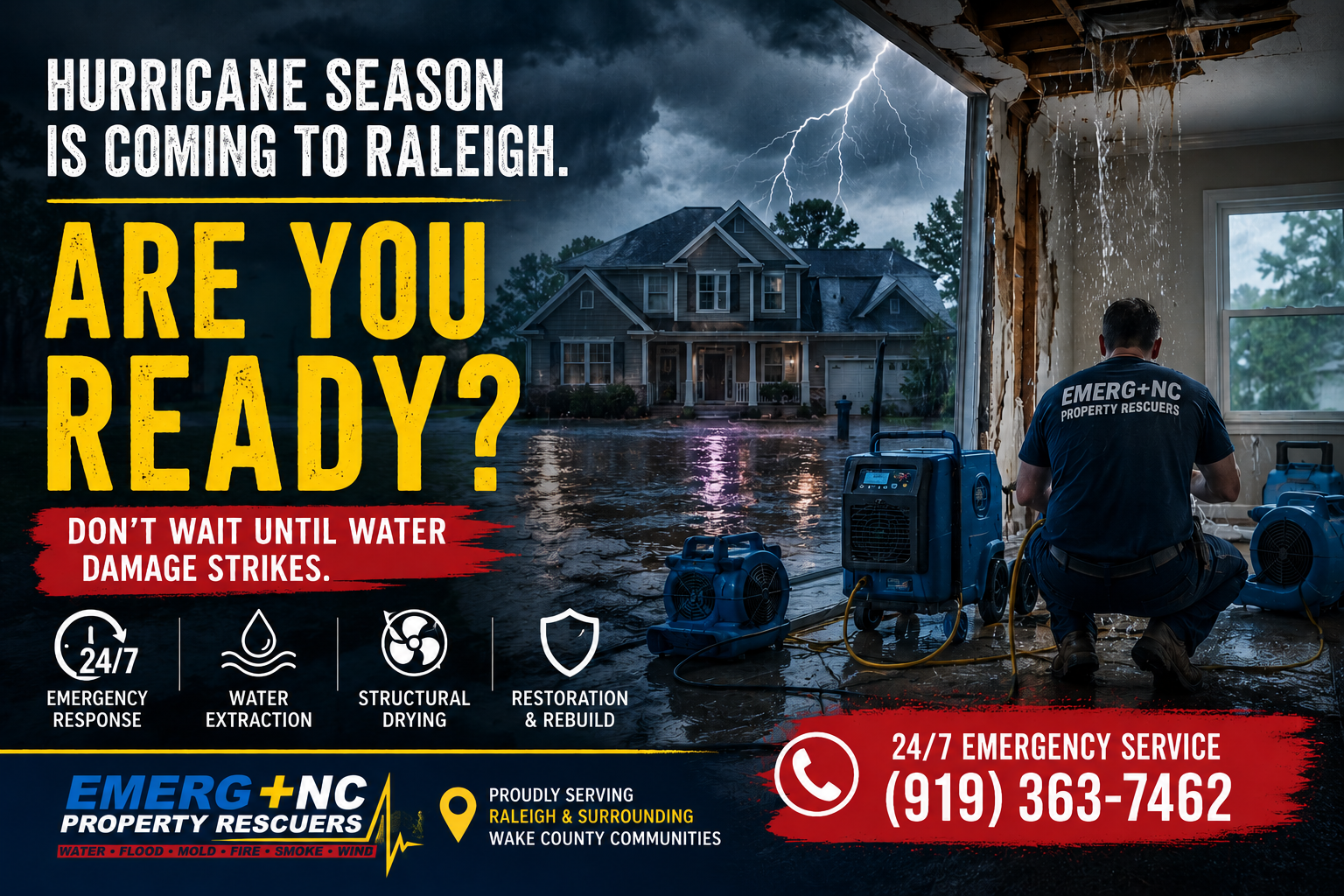 Emergency water damage restoration crews responding to hurricane flooding and storm damage in Raleigh NC