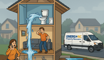 Cross-section illustration of a three-story house with a 3rd-floor toilet overflowing, water cascading through all floors, homeowners calling EMERG+NC Property Rescuers, branded service van outside