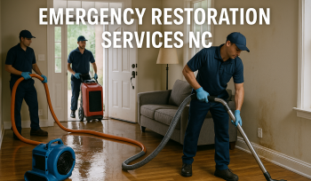 Emergency restoration crew cleaning up water damage in a North Carolina home