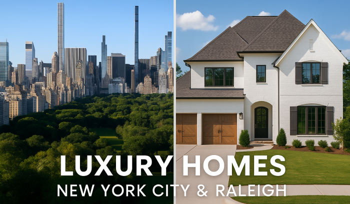 A split image showing the New York City skyline and a luxury home in Raleigh North Carolina
