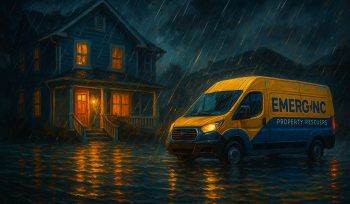 EMERG+NC van arriving for emergency water removal during a heavy rainstorm