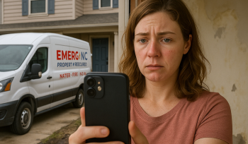 Concerned Raleigh homeowner takes selfie inside mold-damaged home while EMERG+NC restoration truck is parked outside