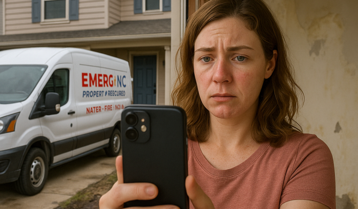 Concerned Raleigh homeowner takes selfie inside mold-damaged home while EMERG+NC restoration truck is parked outside