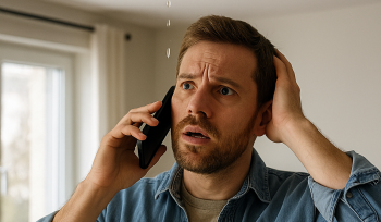 Concerned homeowner calling for water damage help as ceiling leaks